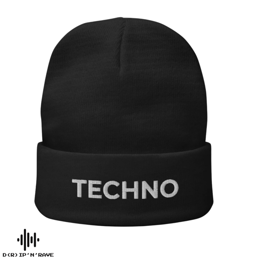 Techno Rave Beanie Mütze Unisex – Schwarze Wintermütze mit gesticktem Schriftzug – Streetwear Accessoire für Damen und Herren