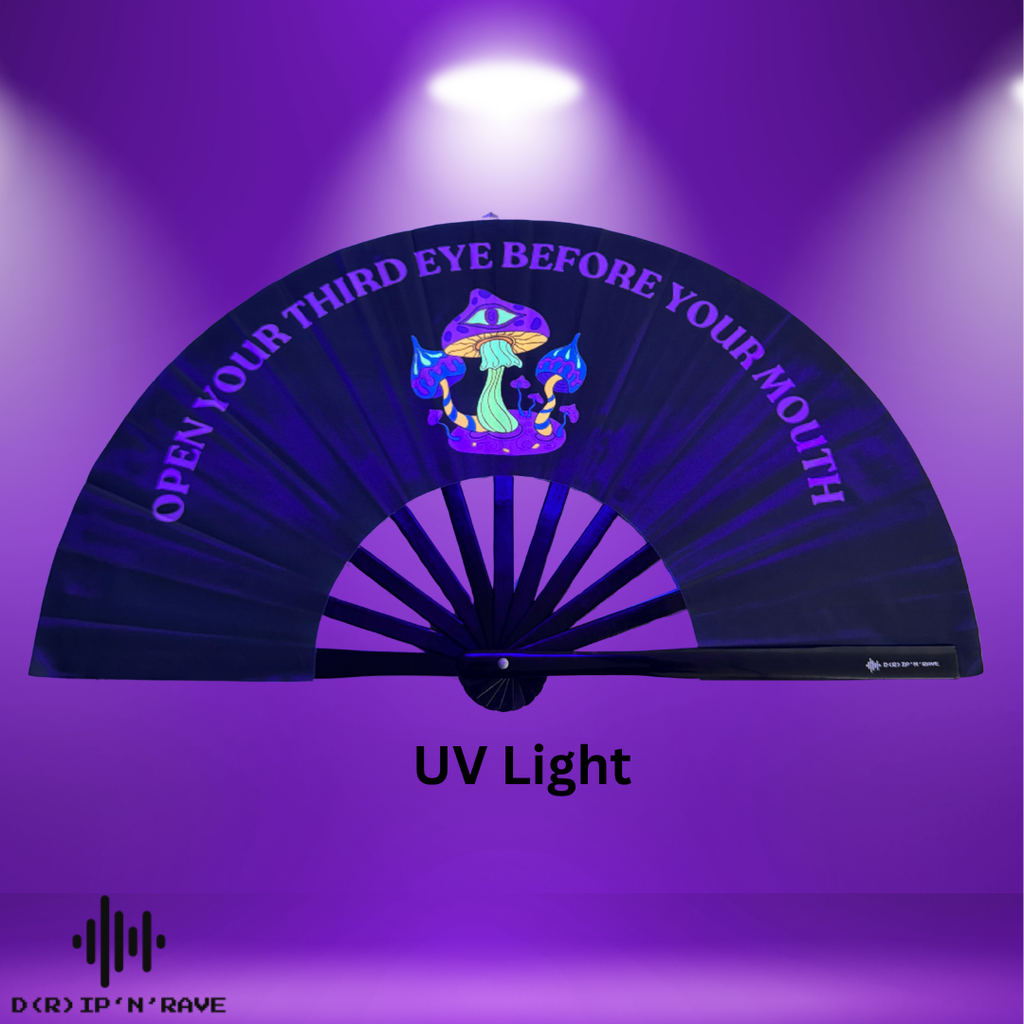 Faltbarer Handfächer groß und stabil – Fächer Schwarz mit dunklem grünem Schimmer,, UV Glow, leuchtet im Dunkeln – Festival Rave Techno EDM Party Accessoires aus Holz und Stoff