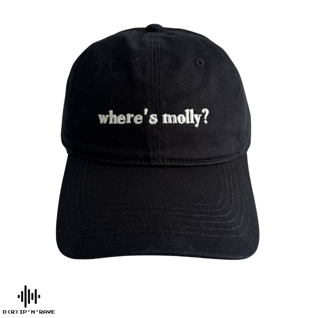 Cap Unisex Schwarz „Where’s Moly?“ – Glow in The Dark Stickerei, leuchtet im Dunkeln – Festival Rave Techno Accessoires Outfit Herren Damen