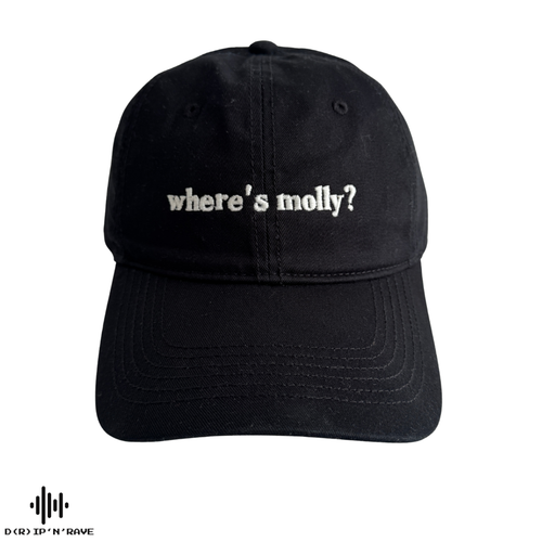 Cap Unisex Schwarz „Where’s Moly?“ – Glow in The Dark Stickerei, leuchtet im Dunkeln – Festival Rave Techno Accessoires Outfit Herren Damen
