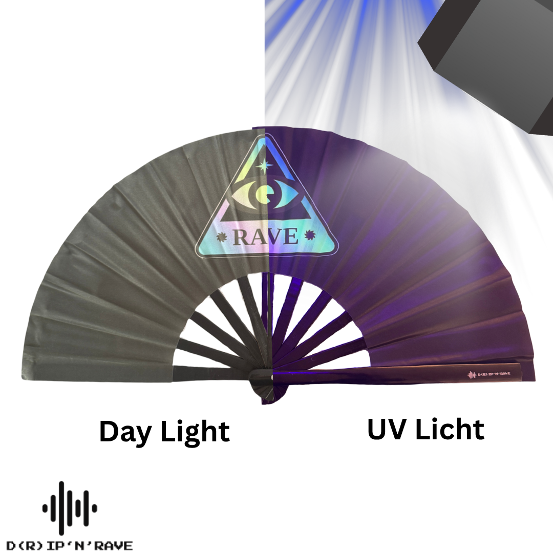 Rave Techno Fächer- Handfächer Schwarz mit grünlich schimmerndem Stoff UV Glow– Leuchtet im Dunkeln- Accessoires für Festival Rave EDM Party Club
