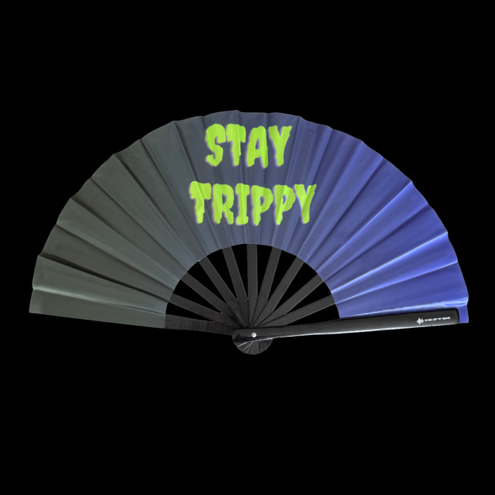 Festival Handfächer XL–Stay Trippy–großer faltbarer Handfächer aus Bambus Holz-stabiler Hand Fan mit UV Glow