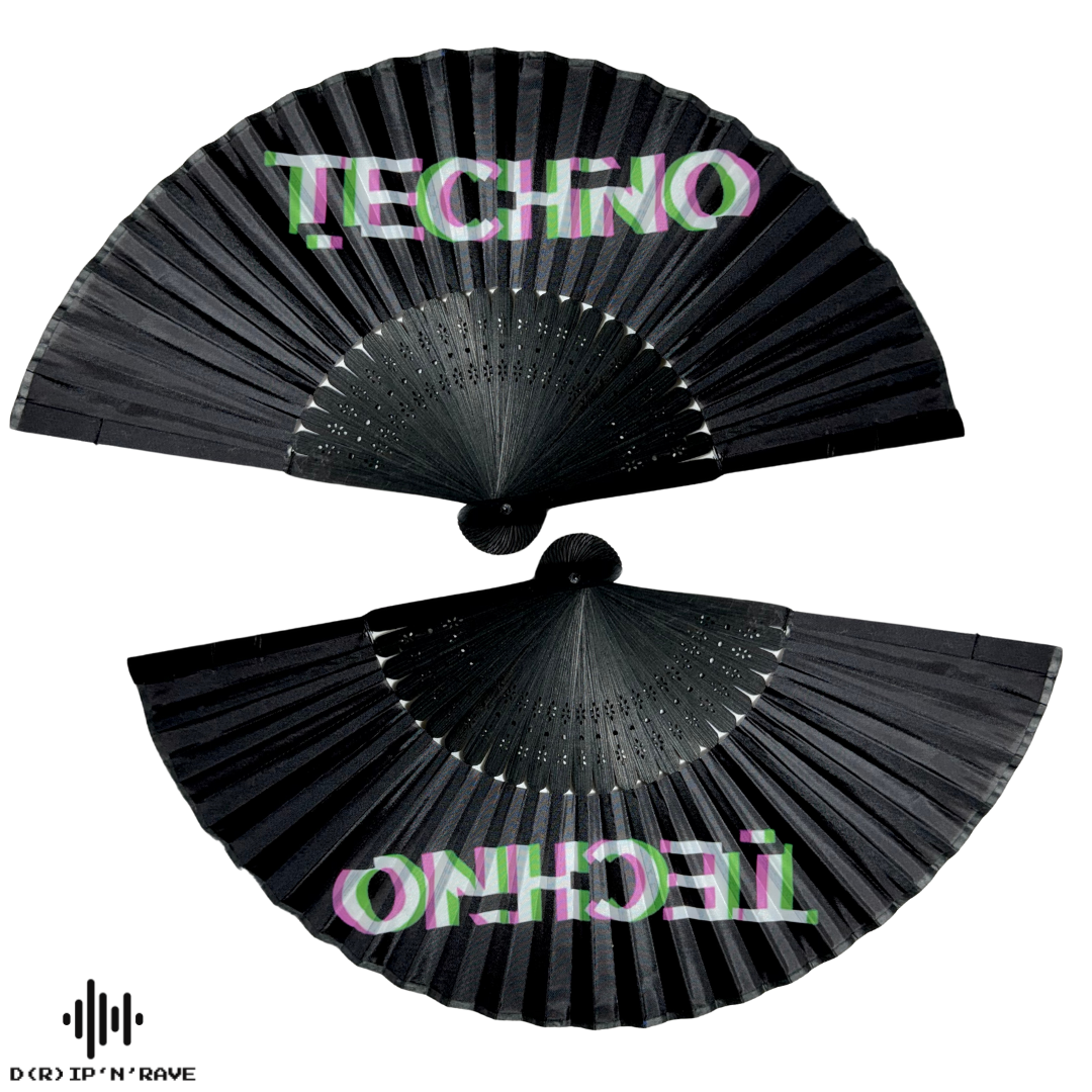 2 Pack Set Techno Rave Handfächer - Fächer klein stabil schwarz Bambus Holz - Sommer  Hand Fan Asiatische Deko für Geburtstag, Party, Club, Festival, Rave