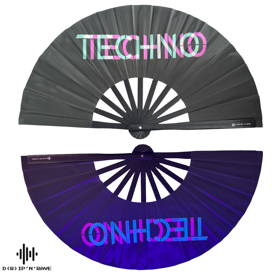 Fächer Techno-XL Handfächer-Hand Fan - Handfächer UV Glow mit leicht grünem Schimmer- Das Must-Have Accessoires für Techno Rave Festivals Club  – faltbar, groß, Bambus Holz Schwarz