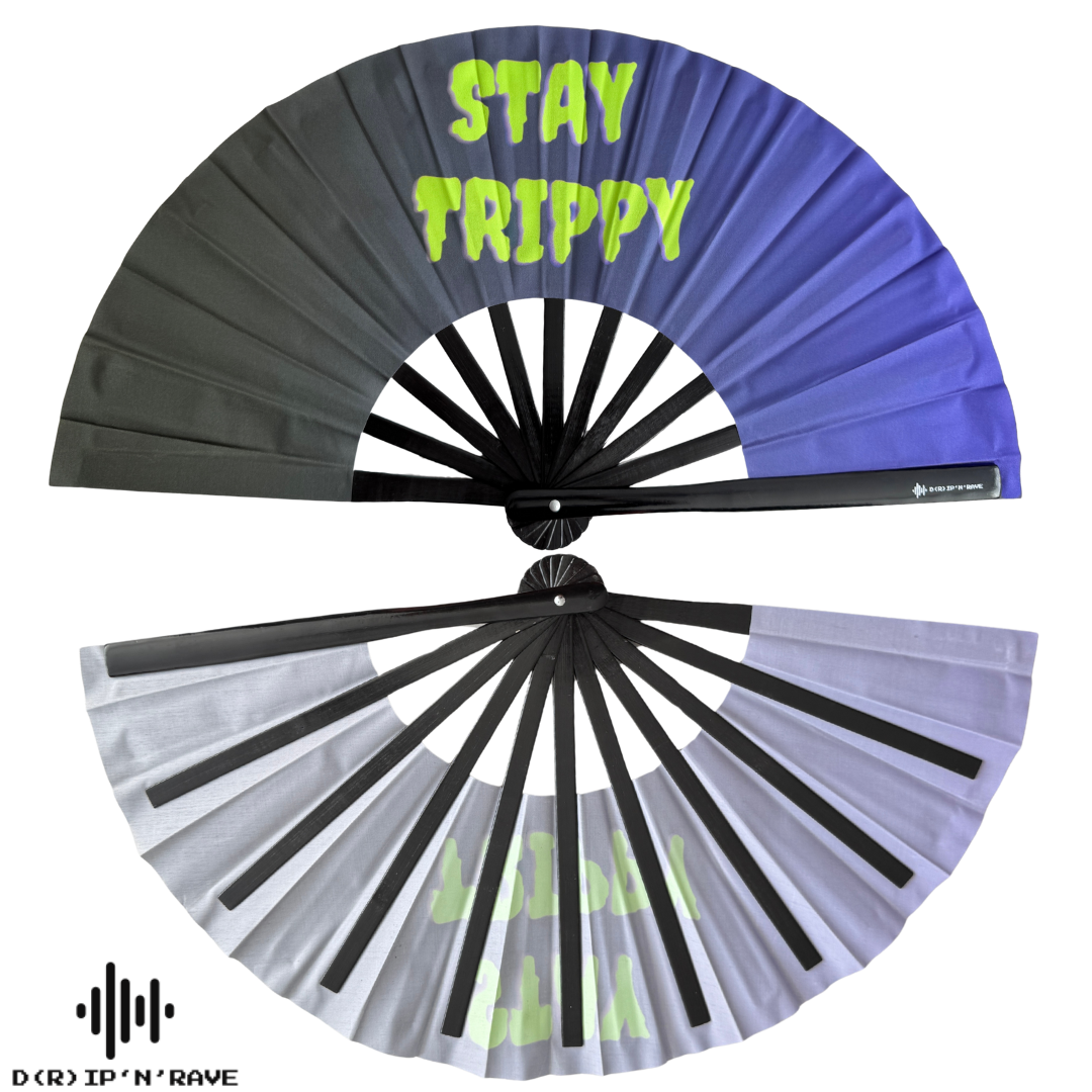 Handfächer XL–Stay Trippy–großer faltbarer Handfächer aus Bambus Holz-stabiler Hand Fan mit UV Glow–für EDM, Rave, Pride,Techno, Rave und Festival Accessoires