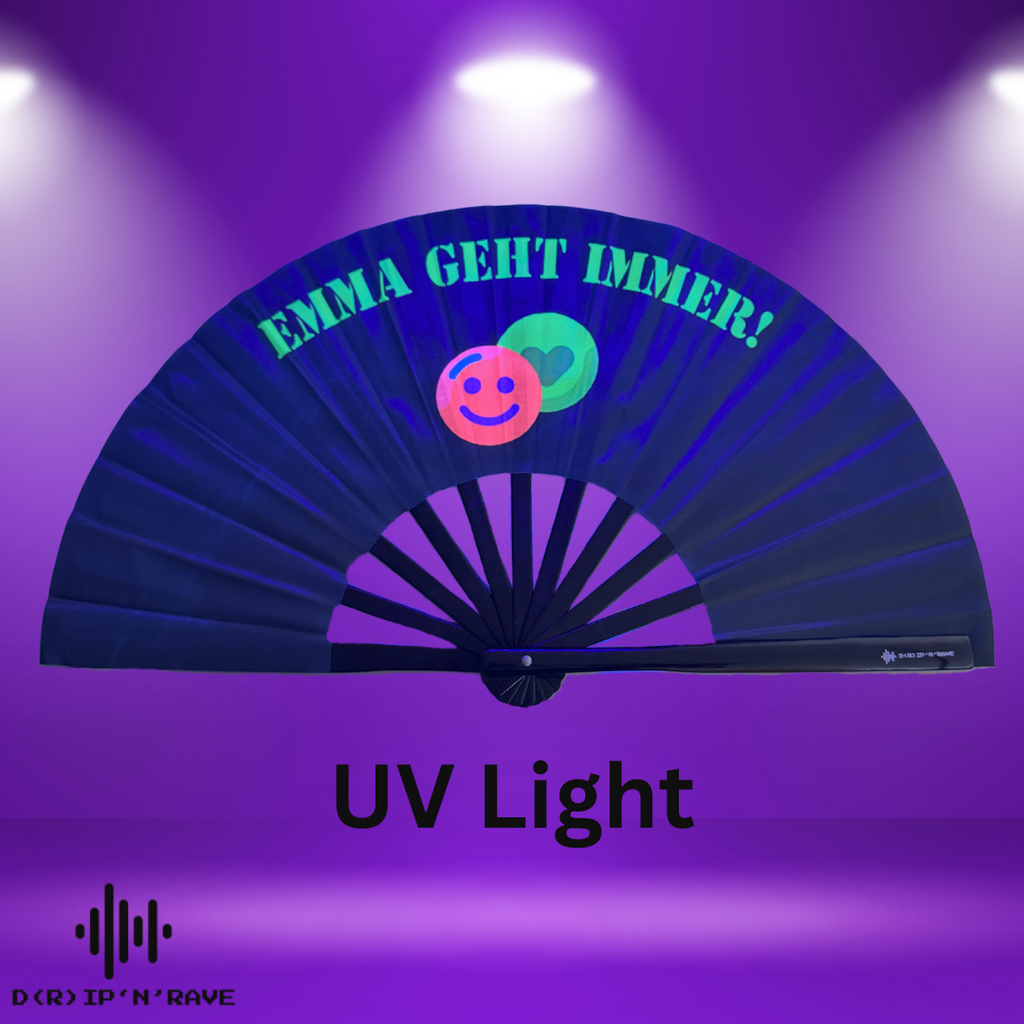 Großer faltbarer UV GLOW Handfächer Bambus Holz– faltbar, bunt, mit leicht grünlichem Schimmer – perfekt für Rave, Festival, EDM, Pride, Club, Party, Tanz, Performance