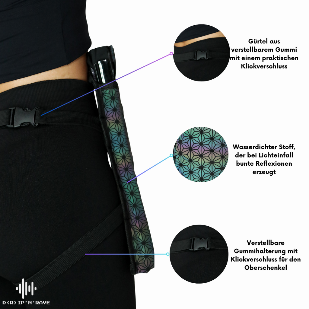 Hüfttasche mit Handfächer Halter - Arm oder Beinband - Schnalle Reißverschlüsse -  Wasserdicht -  Damen Herren Unisex -  Festival Rave Techno Party Pride Club