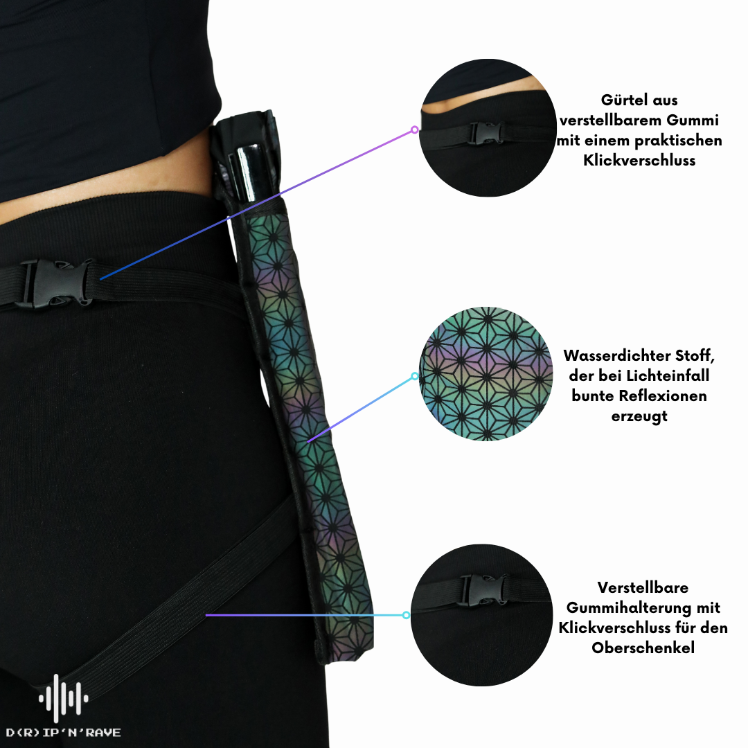Hüfttasche mit Handfächer Halter - Arm oder Beinband - Schnalle Reißverschlüsse -  Wasserdicht -  Damen Herren Unisex -  Festival Rave Techno Party Pride Club