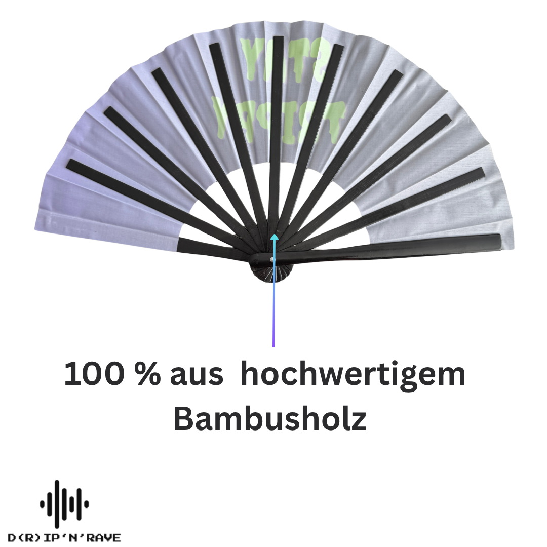 Handfächer XL–Stay Trippy–großer faltbarer Handfächer aus Bambus Holz-stabiler Hand Fan mit UV Glow–für EDM, Rave, Pride,Techno, Rave und Festival Accessoires