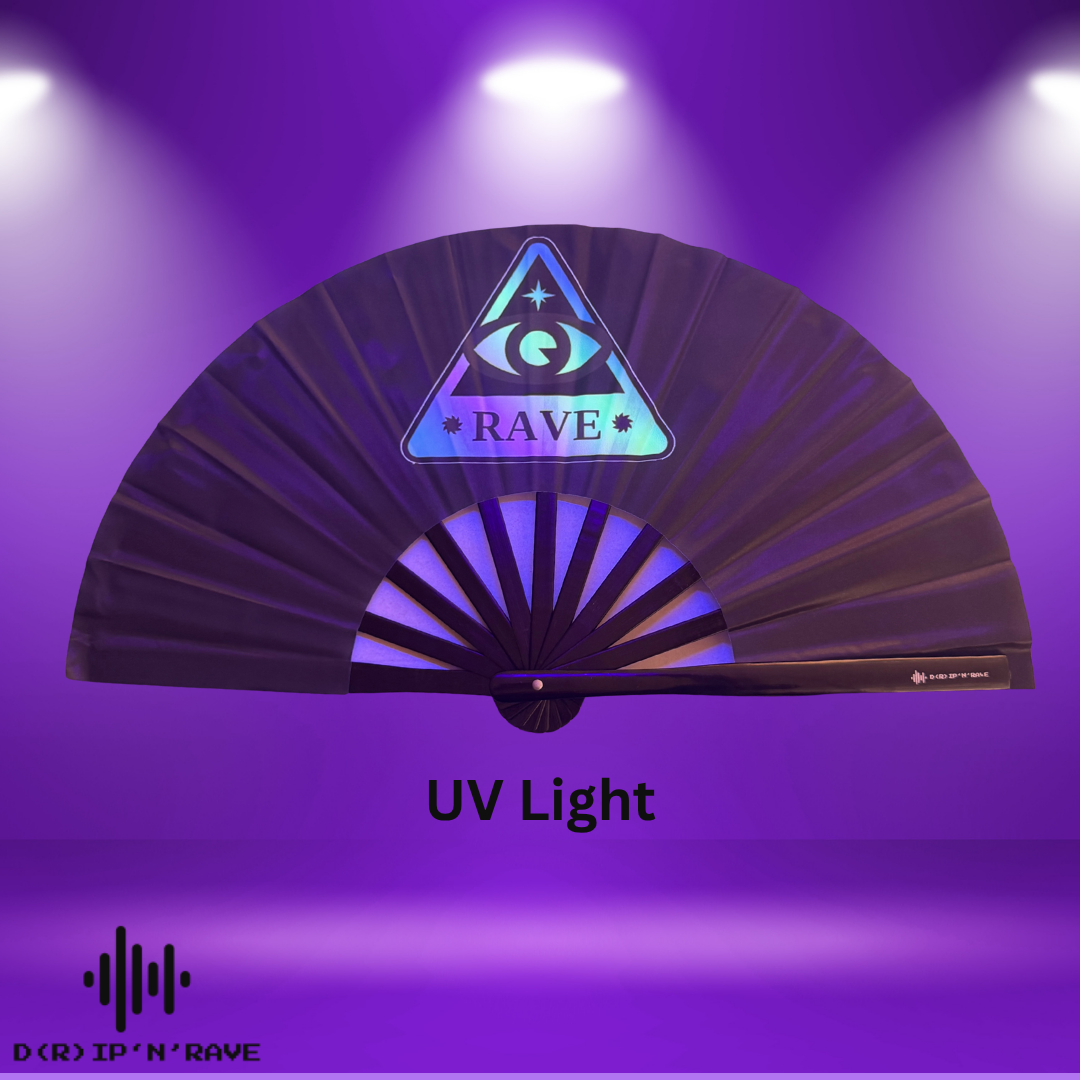Rave Techno Fächer- Handfächer Schwarz mit grünlich schimmerndem Stoff UV Glow– Leuchtet im Dunkeln- Accessoires für Festival Rave EDM Party Club
