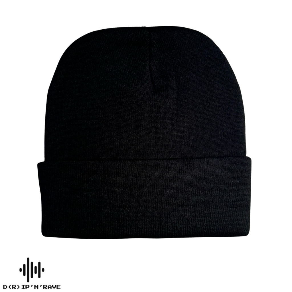 Techno Rave Beanie Mütze Unisex – Schwarze Wintermütze mit gesticktem Schriftzug – Streetwear Accessoire für Damen und Herren