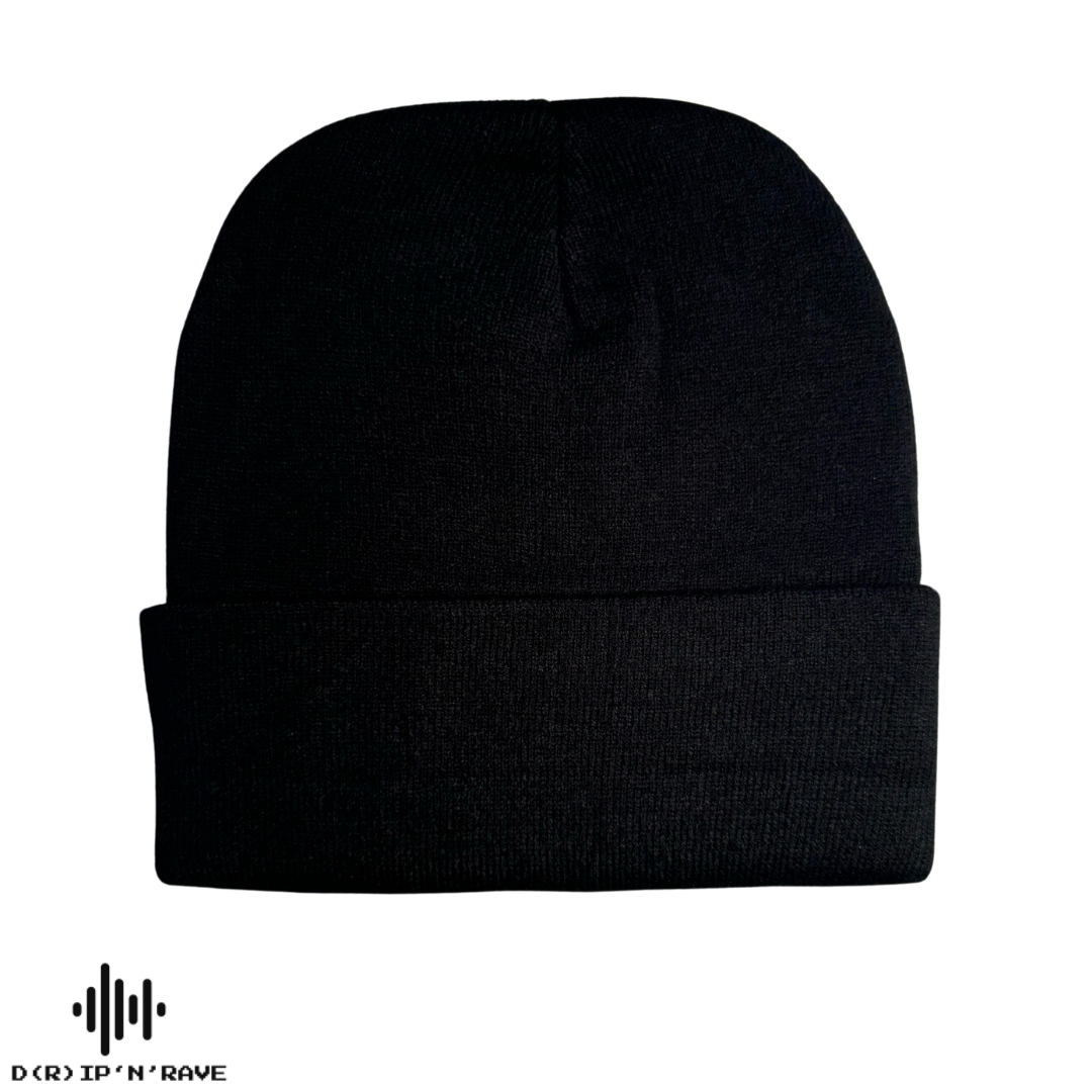 Techno Rave Beanie Mütze Unisex – Schwarze Wintermütze mit gesticktem Schriftzug – Streetwear Accessoire für Damen und Herren