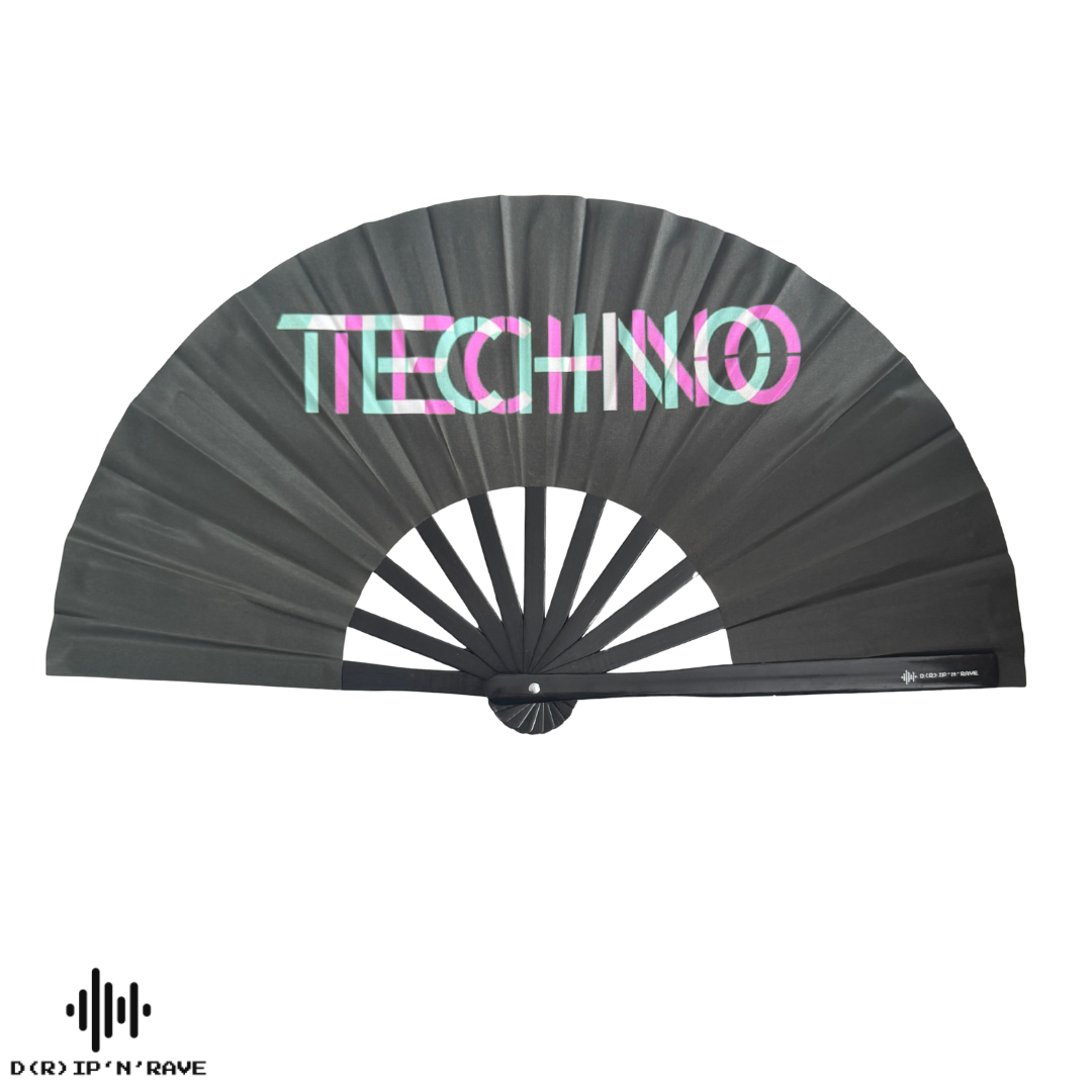 Fächer Techno-XL Handfächer-Hand Fan - Handfächer UV Glow mit leicht grünem Schimmer- Das Must-Have Accessoires für Techno Rave Festivals Club  – faltbar, groß, Bambus Holz Schwarz