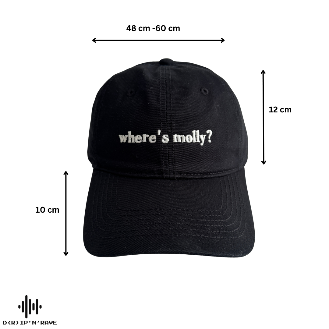 Cap Unisex Schwarz „Where’s Moly?“ – Glow in The Dark Stickerei, leuchtet im Dunkeln – Festival Rave Techno Accessoires Outfit Herren Damen