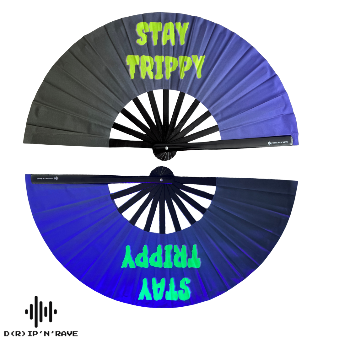 Handfächer XL–Stay Trippy–großer faltbarer Handfächer aus Bambus Holz-stabiler Hand Fan mit UV Glow–für EDM, Rave, Pride,Techno, Rave und Festival Accessoires