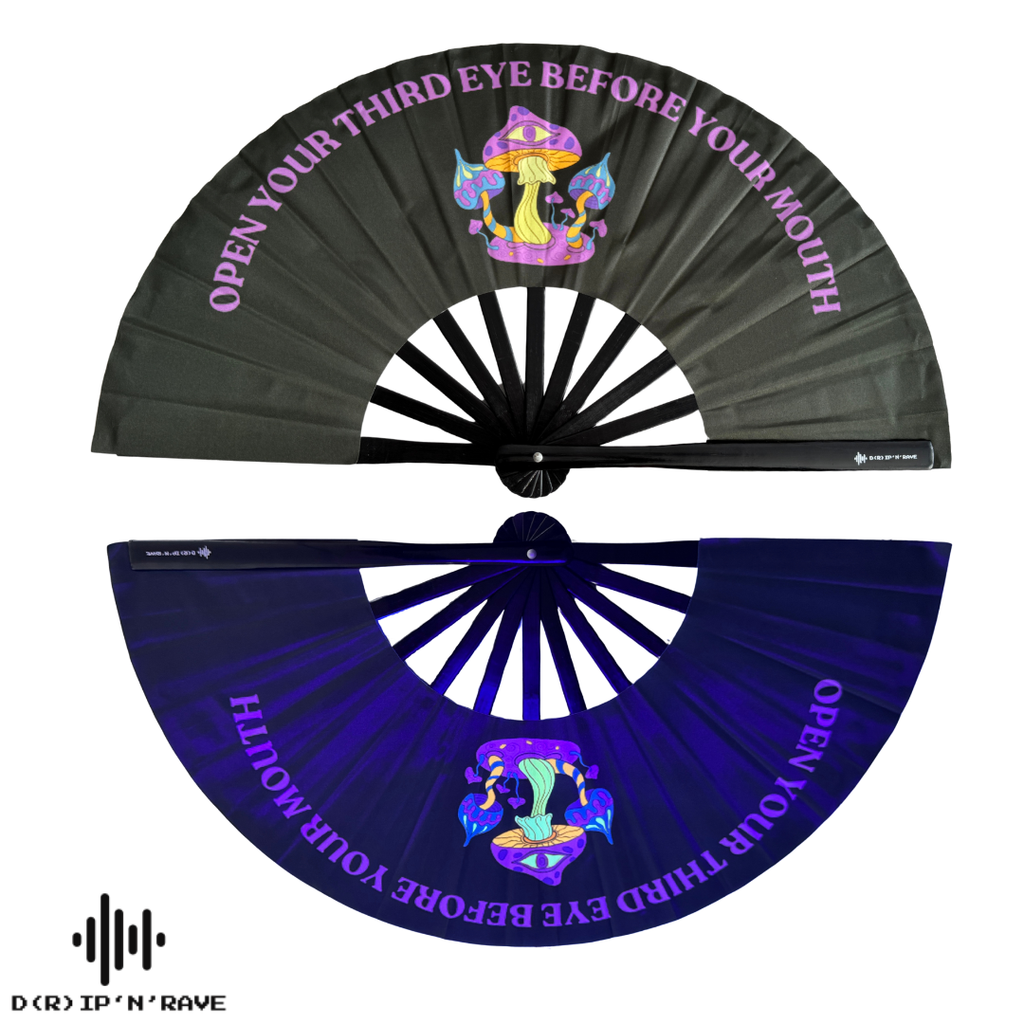 Faltbarer Handfächer groß und stabil – Fächer Schwarz mit dunklem grünem Schimmer,, UV Glow, leuchtet im Dunkeln – Festival Rave Techno EDM Party Accessoires aus Holz und Stoff