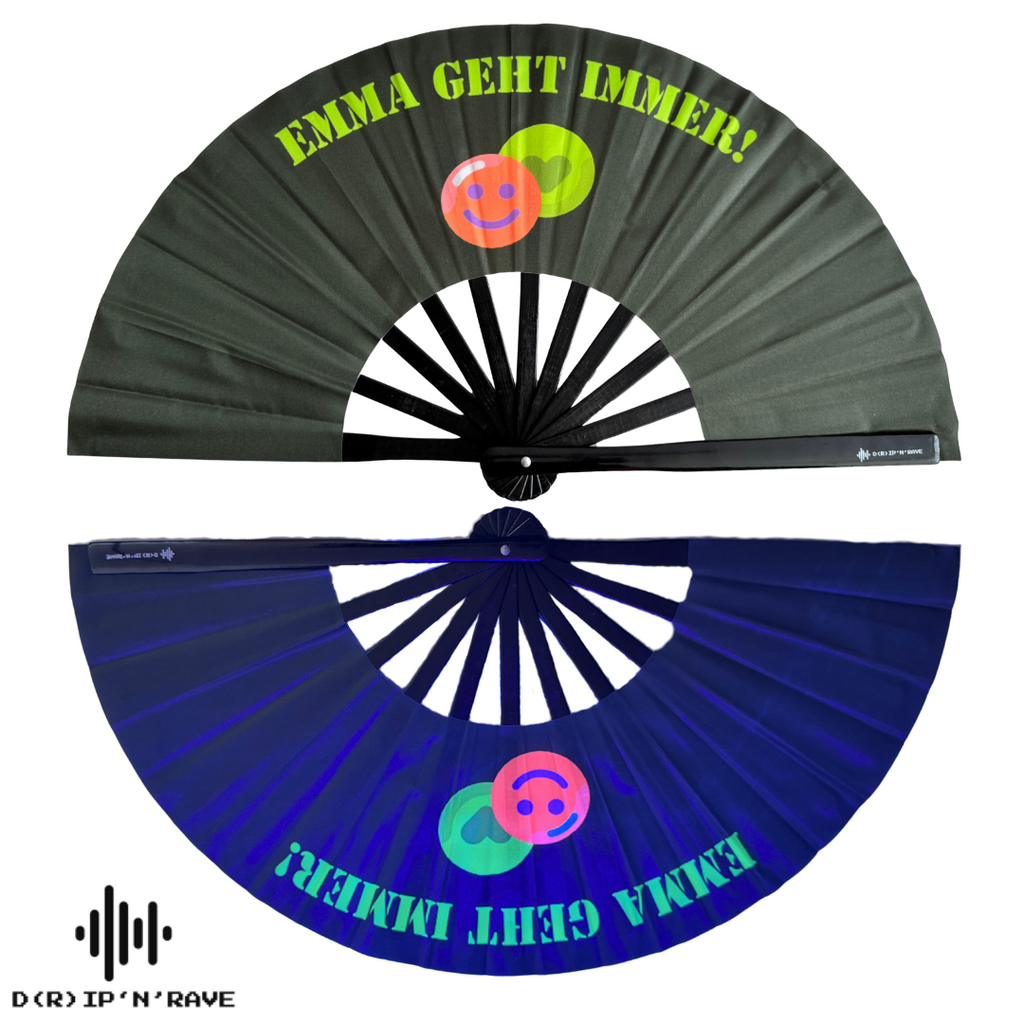 Großer faltbarer UV GLOW Handfächer Bambus Holz– faltbar, bunt, mit leicht grünlichem Schimmer – perfekt für Rave, Festival, EDM, Pride, Club, Party, Tanz, Performance