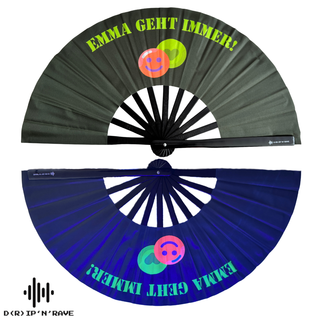 Großer faltbarer UV GLOW Handfächer Bambus Holz– faltbar, bunt, mit leicht grünlichem Schimmer – perfekt für Rave, Festival, EDM, Pride, Club, Party, Tanz, Performance