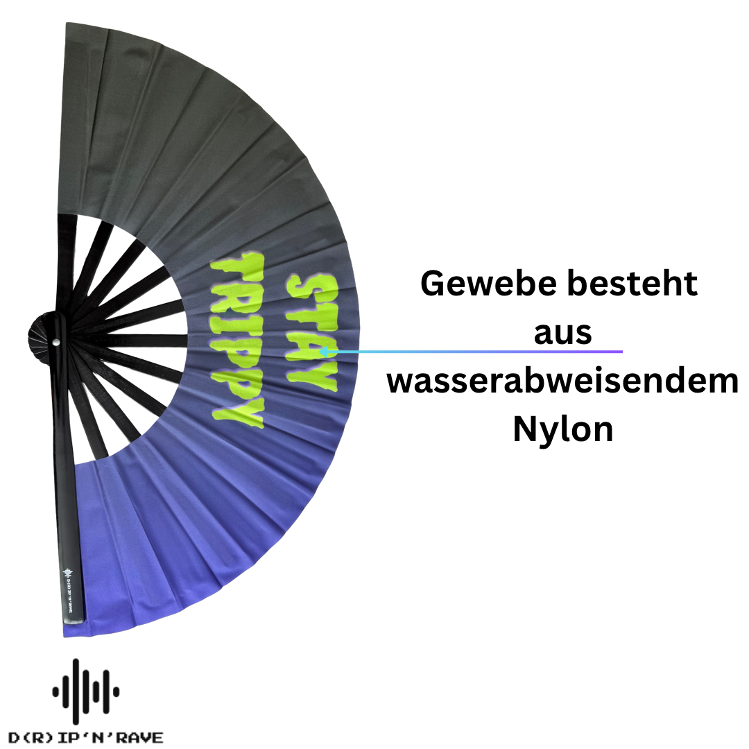 Handfächer XL–Stay Trippy–großer faltbarer Handfächer aus Bambus Holz-stabiler Hand Fan mit UV Glow–für EDM, Rave, Pride,Techno, Rave und Festival Accessoires