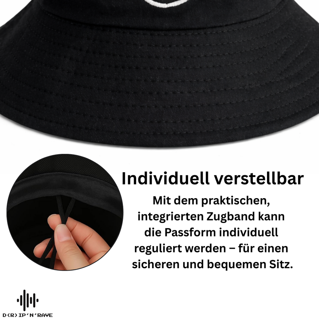 Fischerhut Unisex Schwarz – Glow in Dark – Leuchtet im Dunkeln – 100% Baumwolle Hut - EDM -Festival – Rave - Club- Techno Accessoires Outfit Herren Damen - Clubwear - Sonnenhut Atumgsaktiv