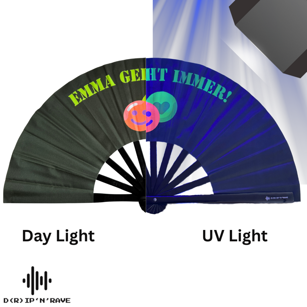Großer faltbarer UV GLOW Handfächer Bambus Holz– faltbar, bunt, mit leicht grünlichem Schimmer – perfekt für Rave, Festival, EDM, Pride, Club, Party, Tanz, Performance