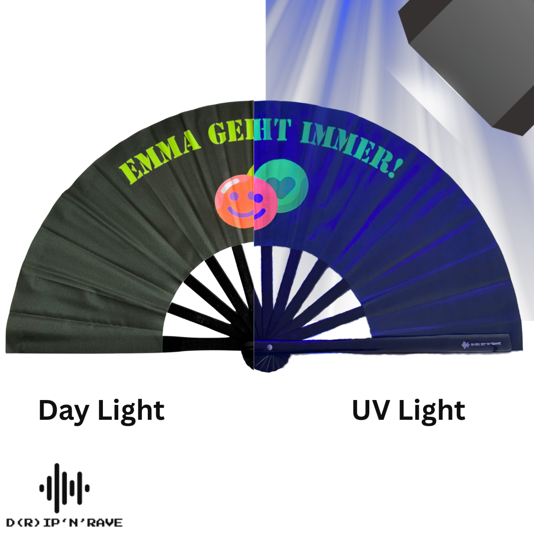 Großer faltbarer UV GLOW Handfächer Bambus Holz– faltbar, bunt, mit leicht grünlichem Schimmer – perfekt für Rave, Festival, EDM, Pride, Club, Party, Tanz, Performance
