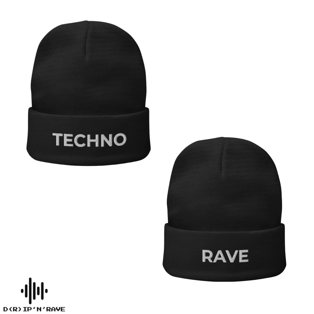 Techno Rave Beanie Mütze Unisex – Schwarze Wintermütze mit gesticktem Schriftzug – Streetwear Accessoire für Damen und Herren