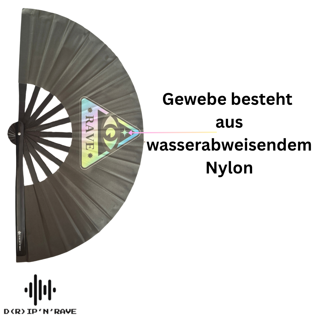 Rave Techno Fächer- Handfächer Schwarz mit grünlich schimmerndem Stoff UV Glow– Leuchtet im Dunkeln- Accessoires für Festival Rave EDM Party Club