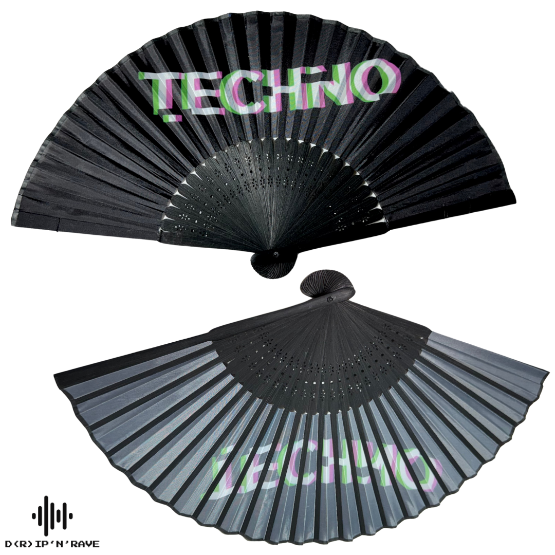 2 Pack Set Techno Rave Handfächer - Fächer klein stabil schwarz Bambus Holz - Sommer  Hand Fan Asiatische Deko für Geburtstag, Party, Club, Festival, Rave