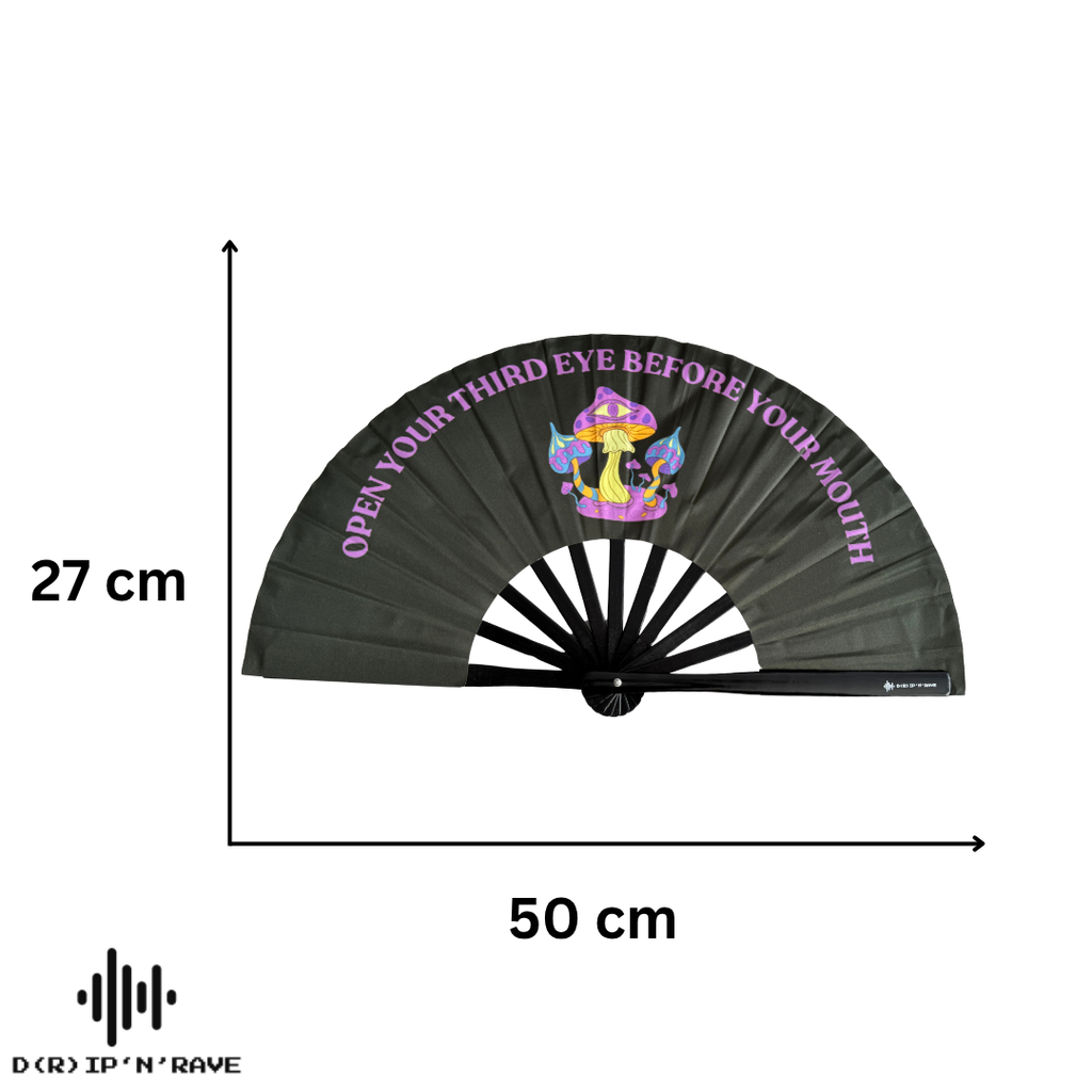 Faltbarer Handfächer groß und stabil – Fächer Schwarz mit dunklem grünem Schimmer,, UV Glow, leuchtet im Dunkeln – Festival Rave Techno EDM Party Accessoires aus Holz und Stoff