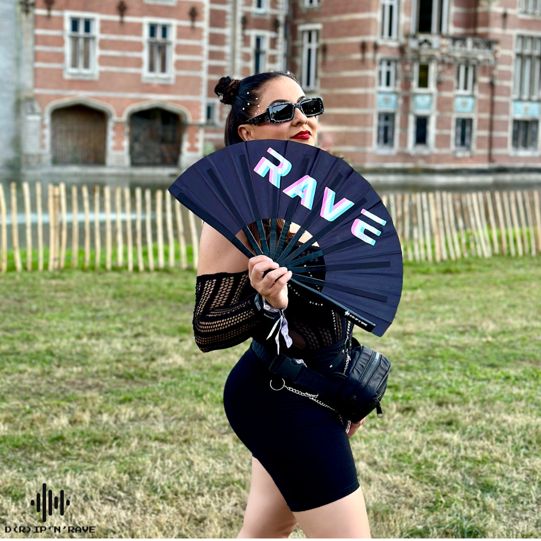 Fächer Rave - XXL Handfächer- Hand fan – Das Must-Have Accessoire für Rave Techno und Festivals: Fächer Stabil Bambus Holz Schwarz Faltbar und Groß