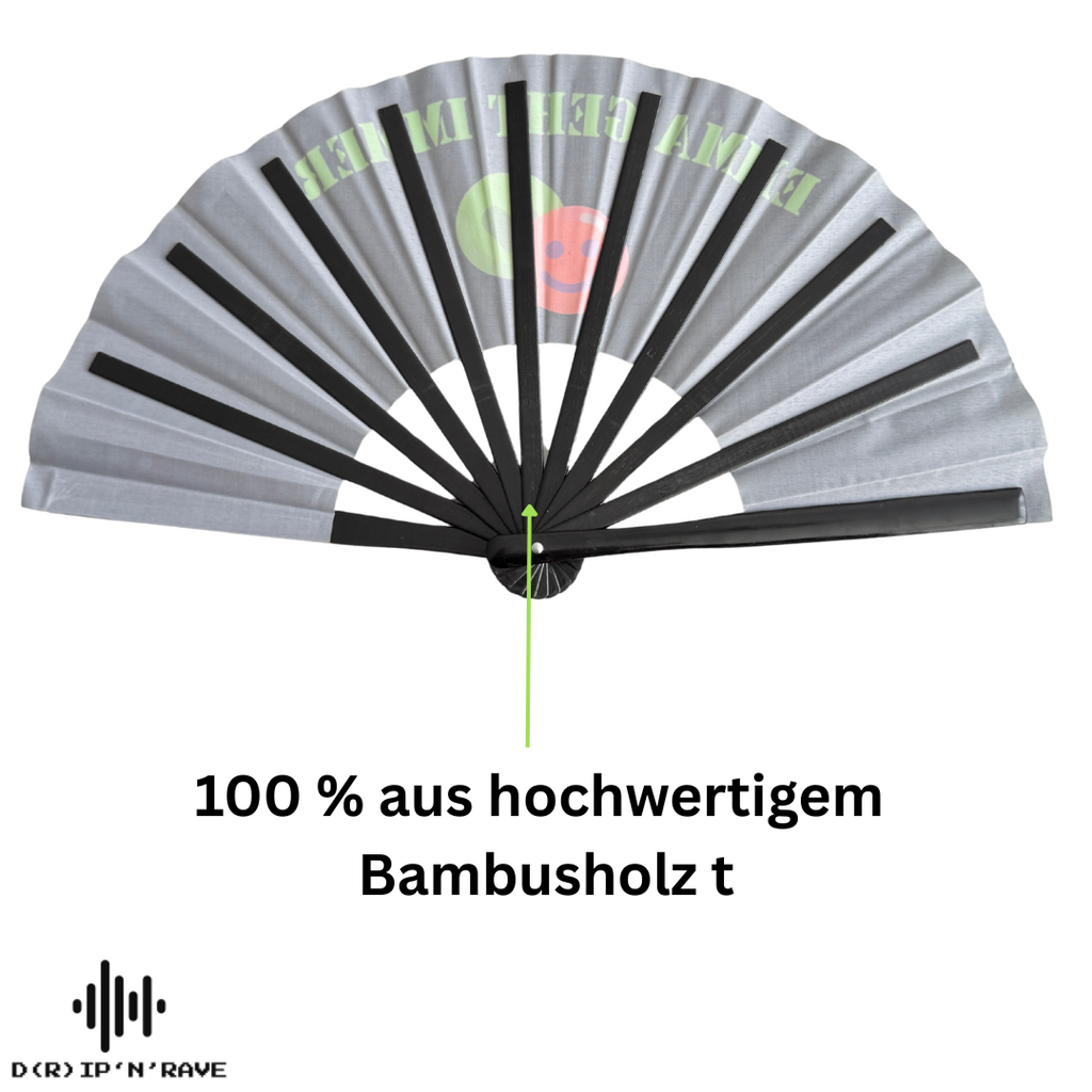 Großer faltbarer UV GLOW Handfächer Bambus Holz– faltbar, bunt, mit leicht grünlichem Schimmer – perfekt für Rave, Festival, EDM, Pride, Club, Party, Tanz, Performance