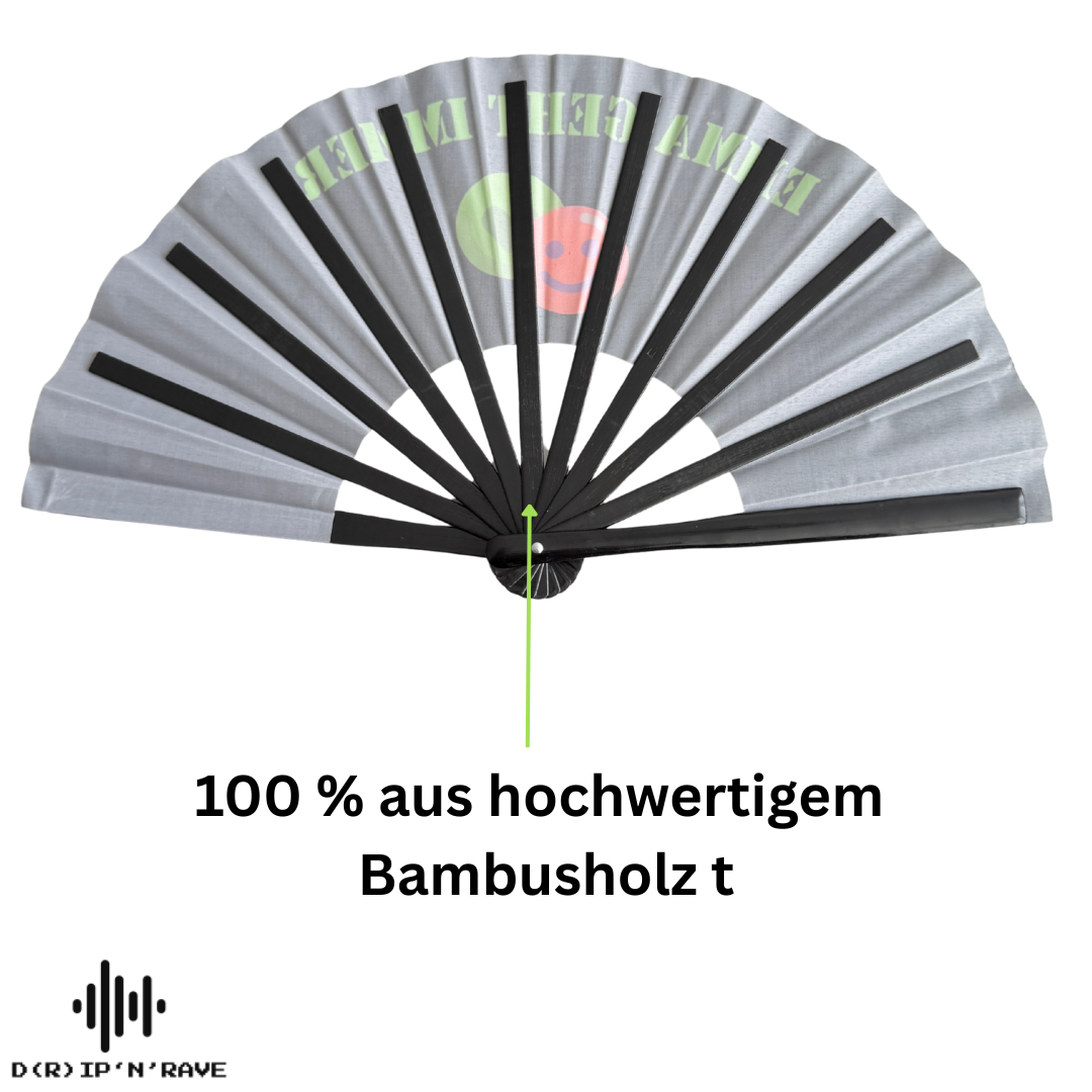 Großer faltbarer UV GLOW Handfächer Bambus Holz– faltbar, bunt, mit leicht grünlichem Schimmer – perfekt für Rave, Festival, EDM, Pride, Club, Party, Tanz, Performance