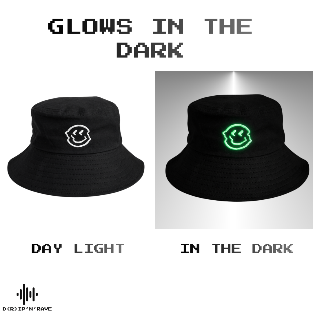 Fischerhut Unisex Schwarz – Glow in Dark – Leuchtet im Dunkeln – 100% Baumwolle Hut - EDM -Festival – Rave - Club- Techno Accessoires Outfit Herren Damen - Clubwear - Sonnenhut Atumgsaktiv