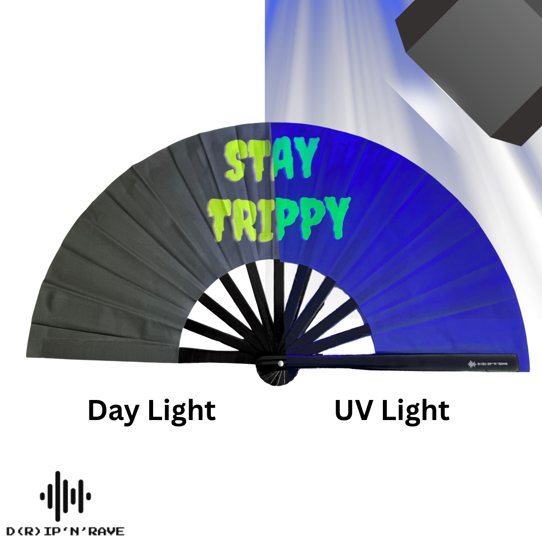 Handfächer XL–Stay Trippy–großer faltbarer Handfächer aus Bambus Holz-stabiler Hand Fan mit UV Glow–für EDM, Rave, Pride,Techno, Rave und Festival Accessoires