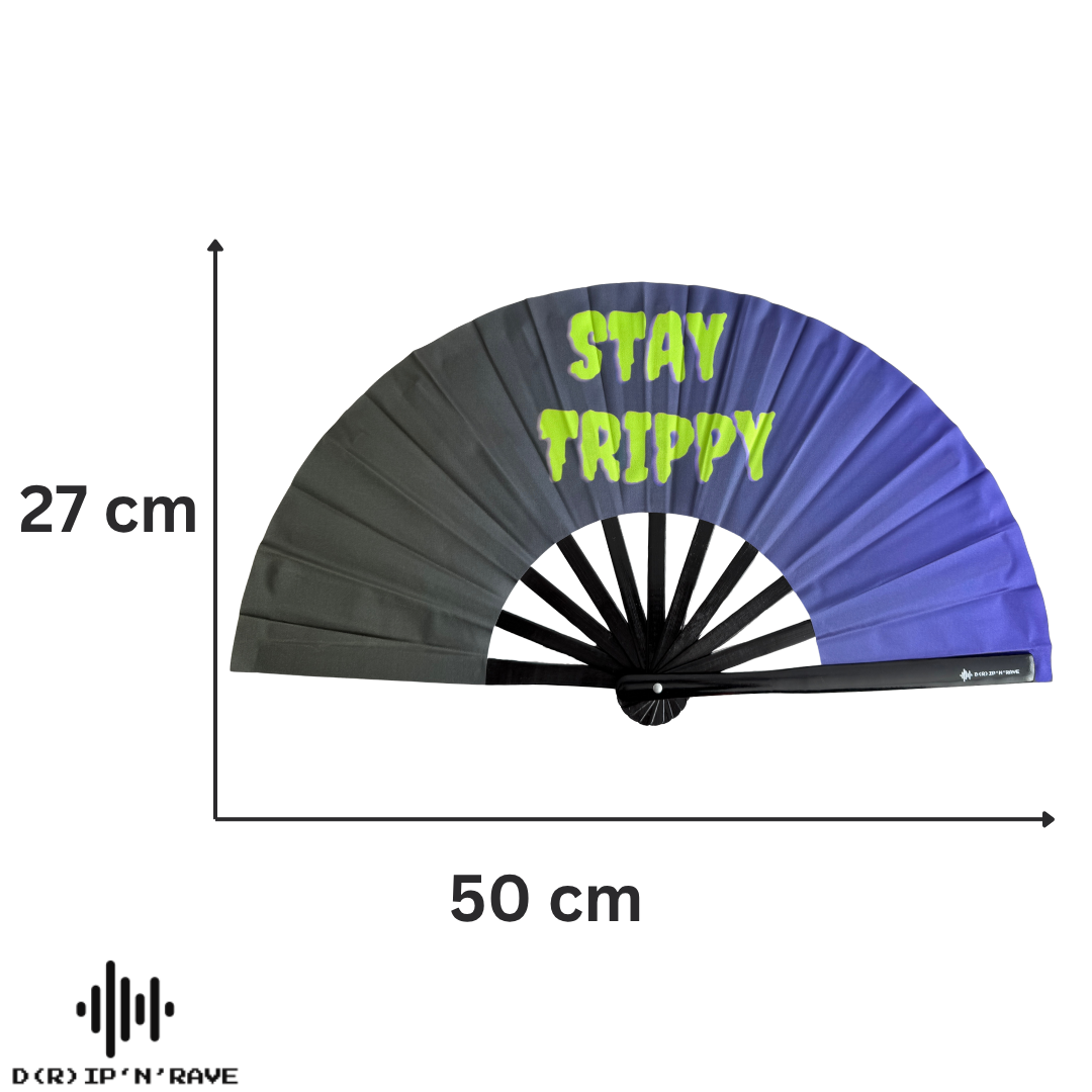 Handfächer XL–Stay Trippy–großer faltbarer Handfächer aus Bambus Holz-stabiler Hand Fan mit UV Glow–für EDM, Rave, Pride,Techno, Rave und Festival Accessoires
