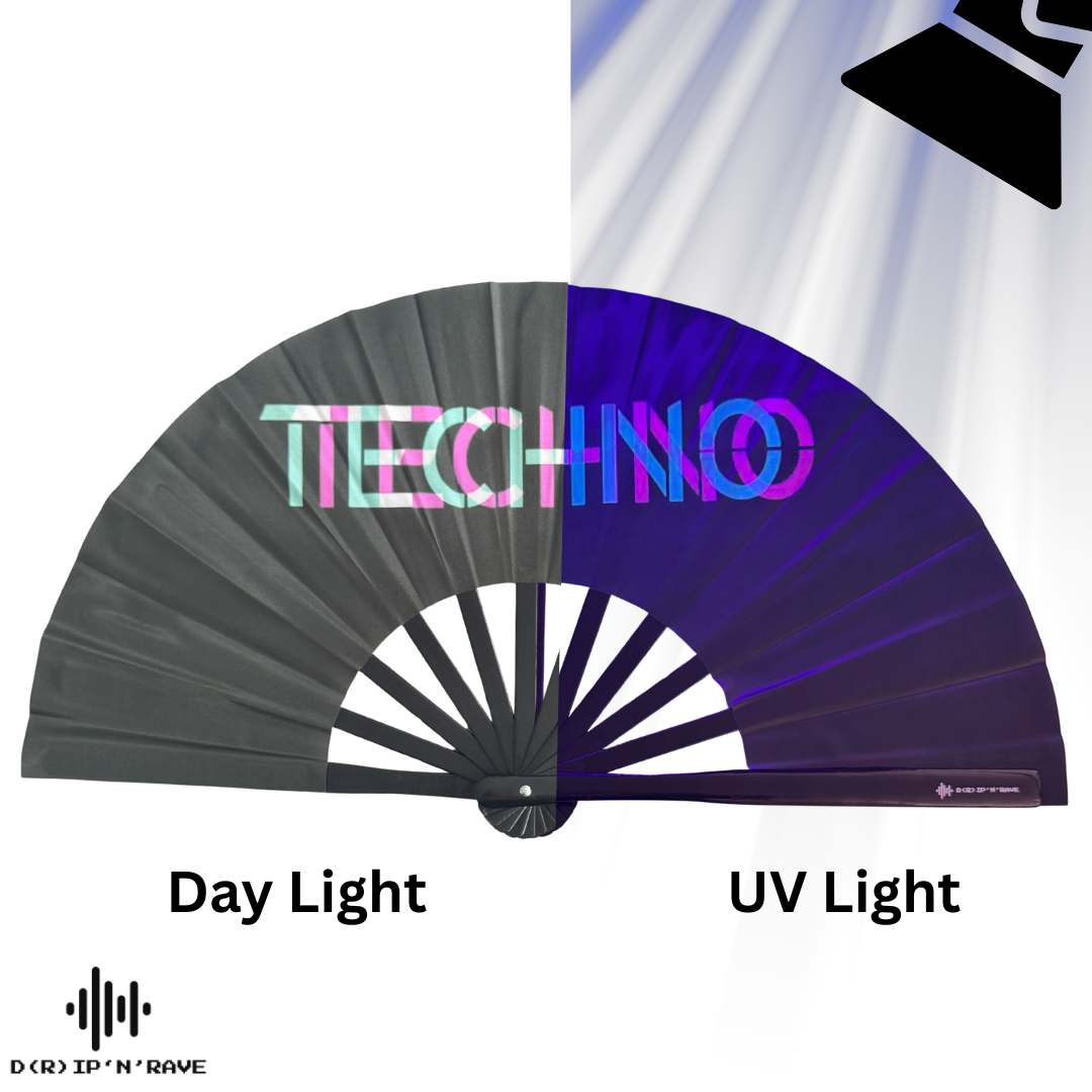 Fächer Techno-XL Handfächer-Hand Fan - Handfächer UV Glow mit leicht grünem Schimmer- Das Must-Have Accessoires für Techno Rave Festivals Club  – faltbar, groß, Bambus Holz Schwarz