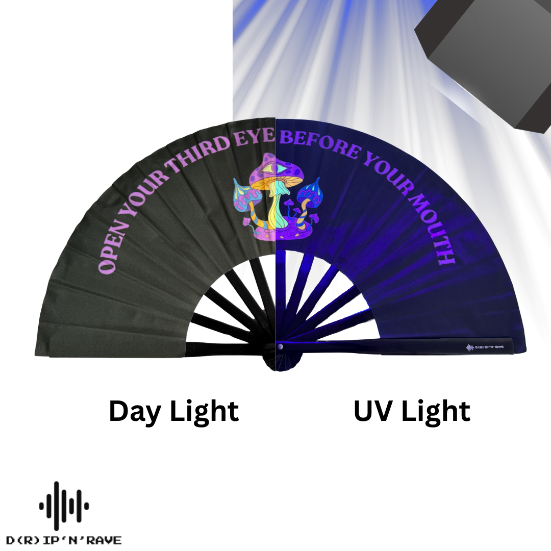 Faltbarer Handfächer groß und stabil – Fächer Schwarz mit dunklem grünem Schimmer,, UV Glow, leuchtet im Dunkeln – Festival Rave Techno EDM Party Accessoires aus Holz und Stoff