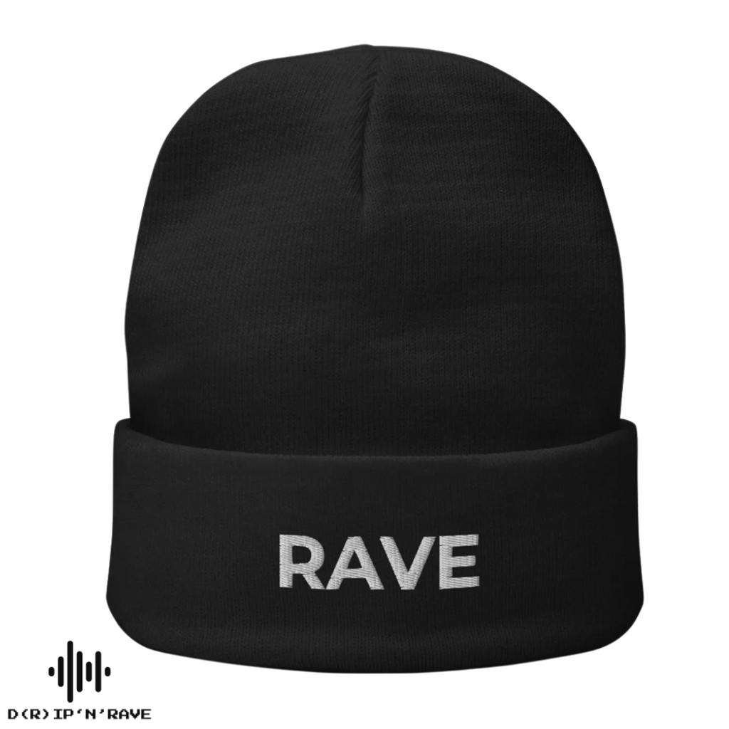 Techno Rave Beanie Mütze Unisex – Schwarze Wintermütze mit gesticktem Schriftzug – Streetwear Accessoire für Damen und Herren