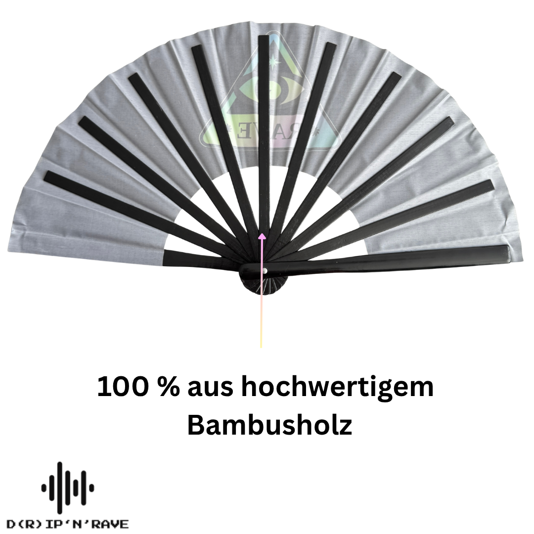 Rave Techno Fächer- Handfächer Schwarz mit grünlich schimmerndem Stoff UV Glow– Leuchtet im Dunkeln- Accessoires für Festival Rave EDM Party Club