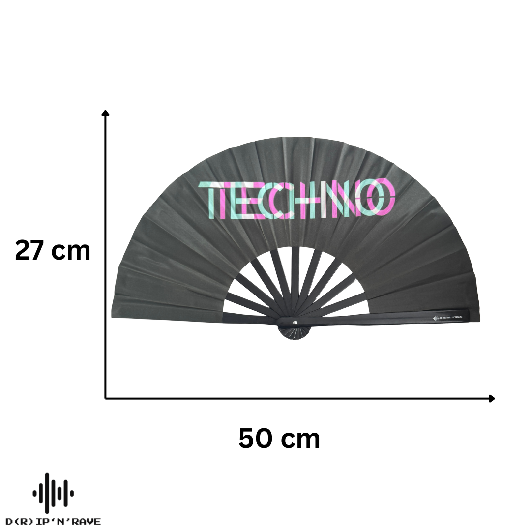 Fächer Techno-XL Handfächer-Hand Fan - Handfächer UV Glow mit leicht grünem Schimmer- Das Must-Have Accessoires für Techno Rave Festivals Club  – faltbar, groß, Bambus Holz Schwarz
