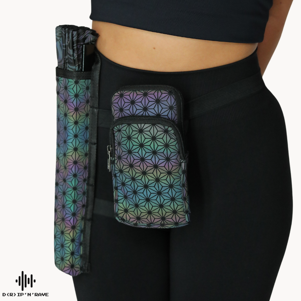 Hüfttasche mit Handfächer Halter - Arm oder Beinband - Schnalle Reißverschlüsse -  Wasserdicht -  Damen Herren Unisex -  Festival Rave Techno Party Pride Club