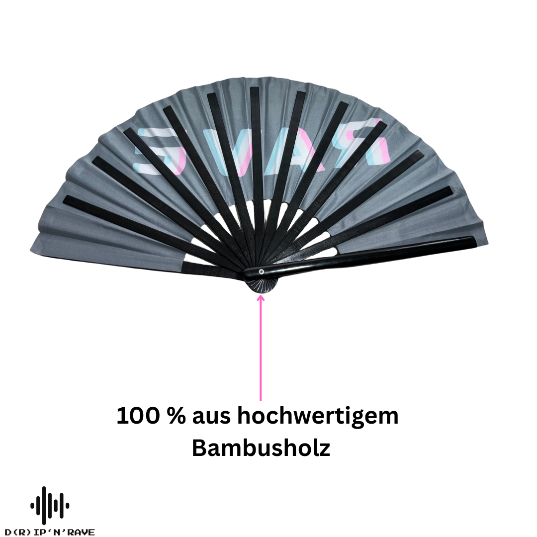 Fächer Rave - XXL Handfächer- Hand fan – Das Must-Have Accessoire für Rave Techno und Festivals: Fächer Stabil Bambus Holz Schwarz Faltbar und Groß