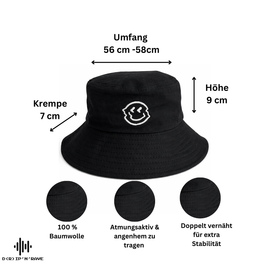 Fischerhut Unisex Schwarz – Glow in Dark – Leuchtet im Dunkeln – 100% Baumwolle Hut - EDM -Festival – Rave - Club- Techno Accessoires Outfit Herren Damen - Clubwear - Sonnenhut Atumgsaktiv