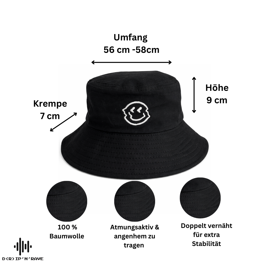 Fischerhut Unisex Schwarz – Glow in Dark – Leuchtet im Dunkeln – 100% Baumwolle Hut - EDM -Festival – Rave - Club- Techno Accessoires Outfit Herren Damen - Clubwear - Sonnenhut Atumgsaktiv