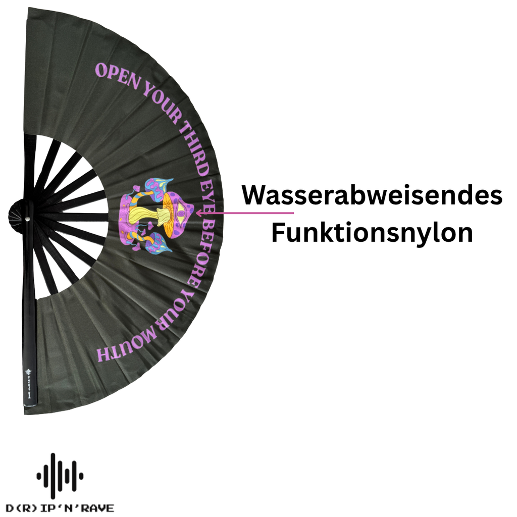 Faltbarer Handfächer groß und stabil – Fächer Schwarz mit dunklem grünem Schimmer,, UV Glow, leuchtet im Dunkeln – Festival Rave Techno EDM Party Accessoires aus Holz und Stoff