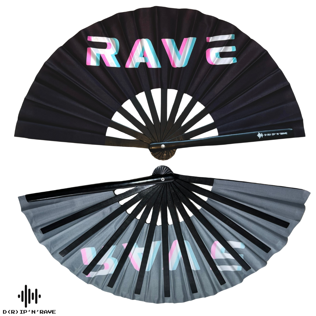 Fächer Rave - XXL Handfächer- Hand fan – Das Must-Have Accessoire für Rave Techno und Festivals: Fächer Stabil Bambus Holz Schwarz Faltbar und Groß