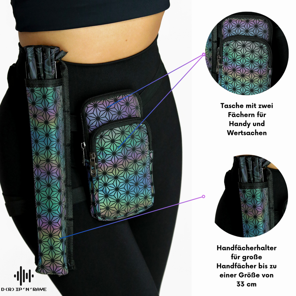 Hüfttasche mit Handfächer Halter - Arm oder Beinband - Schnalle Reißverschlüsse -  Wasserdicht -  Damen Herren Unisex -  Festival Rave Techno Party Pride Club