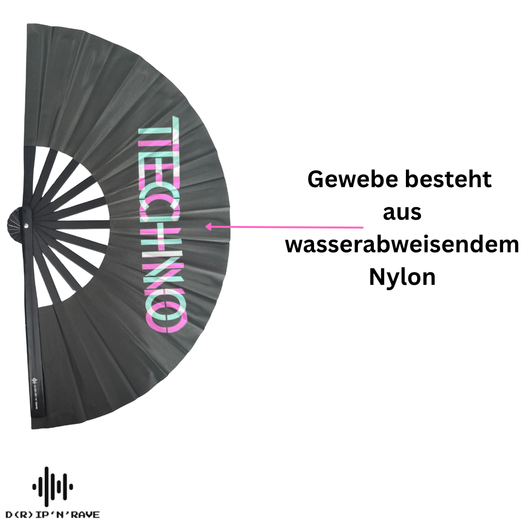 Fächer Techno-XL Handfächer-Hand Fan - Handfächer UV Glow mit leicht grünem Schimmer- Das Must-Have Accessoires für Techno Rave Festivals Club  – faltbar, groß, Bambus Holz Schwarz