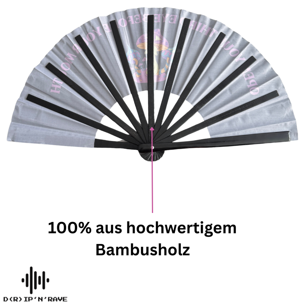 Faltbarer Handfächer groß und stabil – Fächer Schwarz mit dunklem grünem Schimmer,, UV Glow, leuchtet im Dunkeln – Festival Rave Techno EDM Party Accessoires aus Holz und Stoff